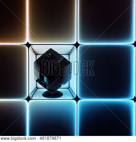 Black 3d Render Futuristic Cube Shape, Glow, Abstraction, Reflection, Blocks, Orange, Form