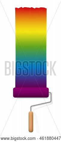 Paint Roller Painting A Rainbow Colored Magic Field. Everything Is Made Really Colorful. Isolated Ve