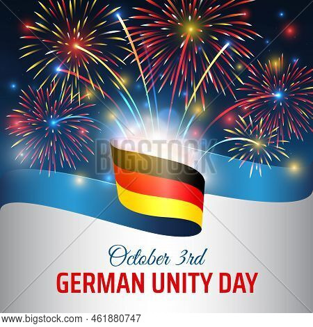 October 3, German Unity Day, Vector Template With German Flag And Colorful Fireworks On Blue Night S