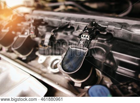 The Car Ignition Coil Electronic Connector Plug In The Engine Compartment Has Been Removed, Car Repa