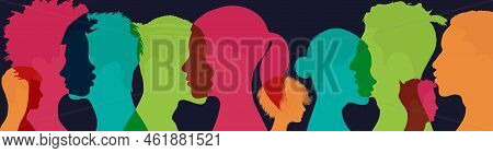 Poster Silhouette Profile Group Of Men And Women Of Diverse Cultures. Diversity Multicultural People