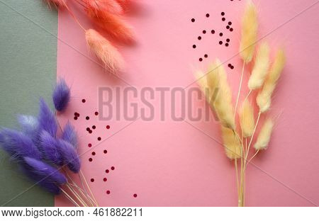 Pink Card Mockup With A Bouquets Of White, Pink And Violet Fluffy Dried Bunnytail Grass. Crimson Glo