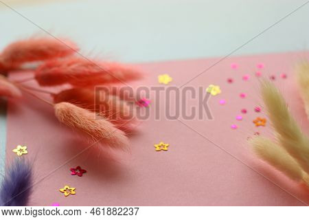 Light Pink Detailed Bunnytail Dried Grass Bouquet On A Pink Pastel Background With A Glowing Glitter