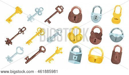 Silver And Golden Key And Lock As Device For Closing And Opening Door Vector Set