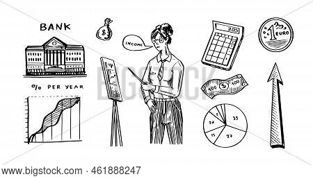 Economy Poster. Finance And Money. Accountant Or Bookkeeper Woman. Calculator And Graphs. Set Of Han