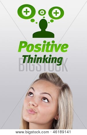 Ung pige hoved ser med gestus på positive negative tegn
