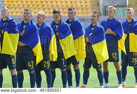 Uzhhorod, Ukraine - August 29, 2022: Metalist Kharkiv Players Listen To National Anthem Before The V