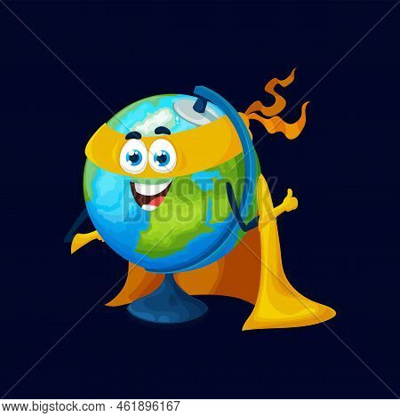 Cartoon School Globe Superhero Character. Isolated Vector Funny Educational Super Hero Supply. Earth