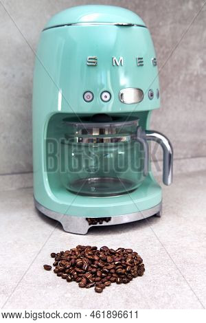 Kemerovo. Russia. May 16, 2022. Close-up Of Smeg Kitchen Appliances On The Kitchen Worktop. Coffee M