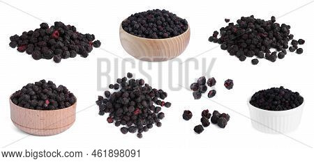 Set With Freeze Dried Blueberries On White Background. Banner Design