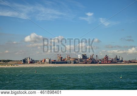 Europe, France, Dunkerque - July 9, 2022: Port Scenery. Coal Terminal At Energy Dock With Red Cranes