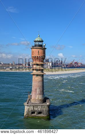 Europe, France, Dunkerque - July 9, 2022: Closeup, Feu De Saint Pol Light Tower Hides Its Pier At En