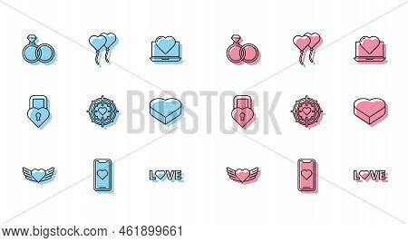 Set Line Heart With Wings, Mobile Phone Heart, Wedding Rings, Love Text, The Center Of Darts Target 