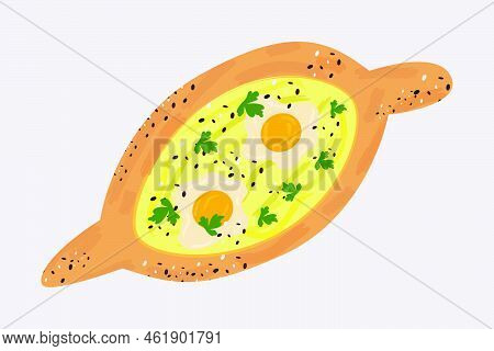 Turkish Food Of Bread, Cheese And Eggs Isolated On White Background. Pide Or Lahmacun From Dough. Or
