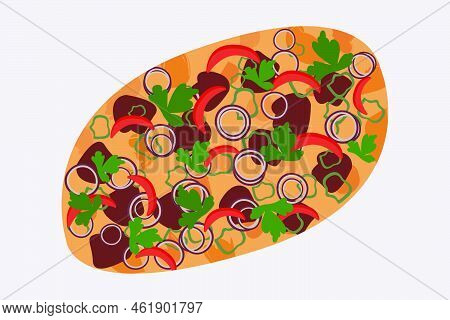 Turkish Food Of Bread, Meat And Eggs Isolated On White Background. Pide Or Lahmacun From Dough. Orie