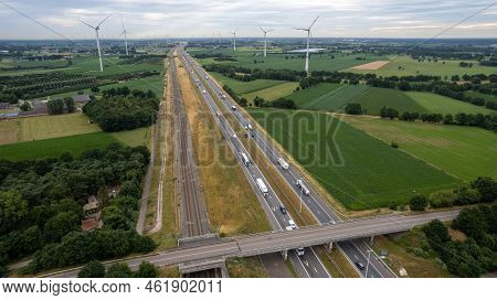 Brecht, Belgium, 6th Of July, 2022, Panoramic Aerial Drone View Of Wind Farm Or Wind Park, With High