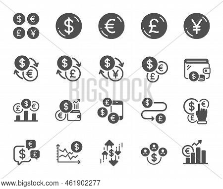Currency Icons. Cash Money, Euro Dollar Transfer And Currency Exchange. Financial Rate, Change Money