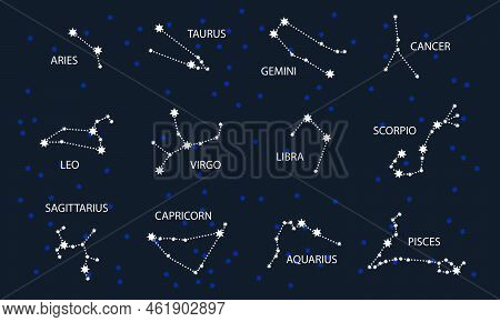 Set Of Zodiac Constellation. Night Sky Map. Horoscope Symbol. Star Constellations Of 12 Zodiac Signs