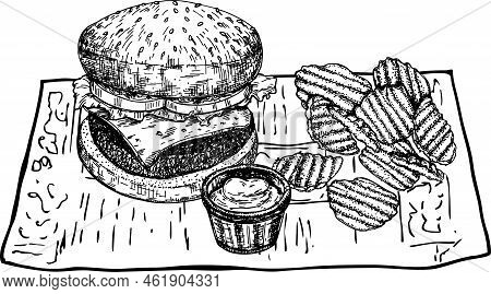 Illustration Of Burger, Chips And Sauce On Newsprint. Fast Food Sketch. Vintage Burger Hand Draw Pos