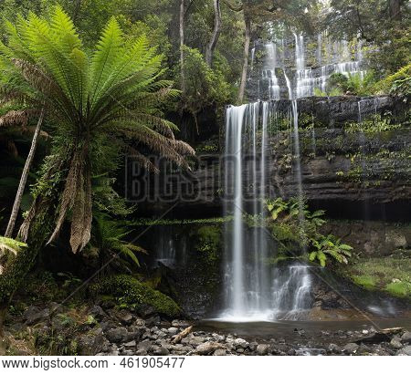 Front View Of Summer Flow On Russell Falls At Mt Field National Park In Tasmania