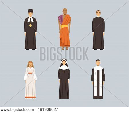 Representatives Of Religious Confession Set. Catholic Priest, Buddhist Monk, Catholic Nun Vector Ill