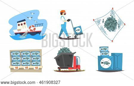 Fish Production And Commercial Fishery A Industry Set Cartoon Vector Illustration