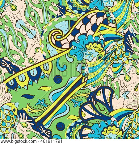 Tracery Seamless Pattern. Mehndi Design. 7 Colors. Ethnic Colorful Doodle Texture. Curved Doodling B