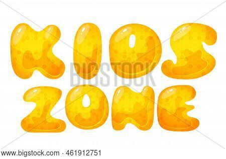 Kids Zone Vector Cartoon Banner. Honey Letters For Childrens Playroom Decoration. Sign For Childrens