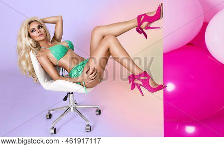 Sexy Woman In Bikini Posing On Balloons Background - Image. Balloons Fashion Concept.