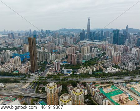Shenzhen, China, 05 February 2022: Top view of shenzhen futian district