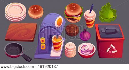 Fast Food Cafe Stuff, Meal Ingredients And Cooking Supplies. Coffee Machine, Litter Bin, Burger, Pan