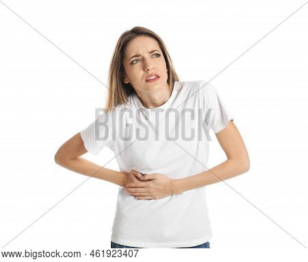 Young Woman Suffering From Liver Pain On White Background