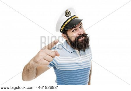 Sailor Spirit Born Free. Bearded Sailor Isolated On White. Sailor Or Seaman Point Finger. Work As Sa