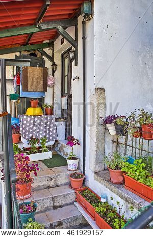 Romantic Travel Places. Traditional Colorful Flowery Backyards Of Old Portuguese Houses In The City