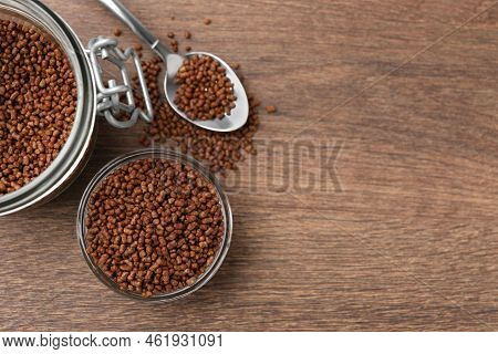 Buckwheat Tea Granules On Wooden Table, Flat Lay. Space For Text