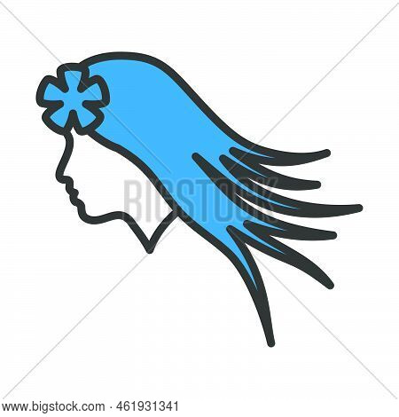 Woman Head With Flower In Hair Icon. Editable Bold Outline With Color Fill Design. Vector Illustrati