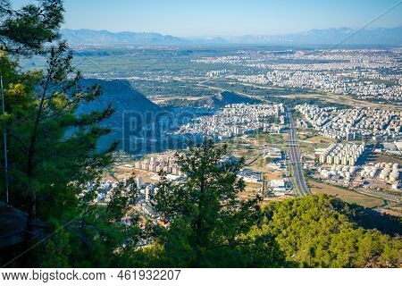 Aerial View Of Beautiful Blue Gulf And Konyaalti Beach In Popular Resort City Antalya, Turkey.