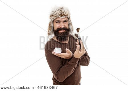 Professional Cosmetics. Stylist Career. Applying Makeup Face Tone. Powder Cosmetics. Man Bearded Sty