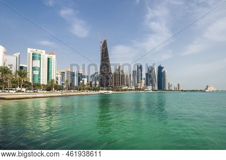 Doha, Qatar - 30 January, 2020: Panoramic View With Modern Skyscrapers In The Centre Of Doha, The Ca