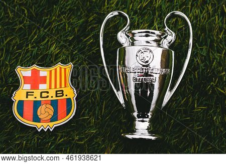 April 21, 2021, Moscow, Russia. The Emblem Of The Football Club Fc Barcelona And The Uefa Champions 