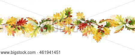 Colorful Autumn Seamless Border. Seamless Watercolor Autumn Leaves Composition Suitable For Decorati