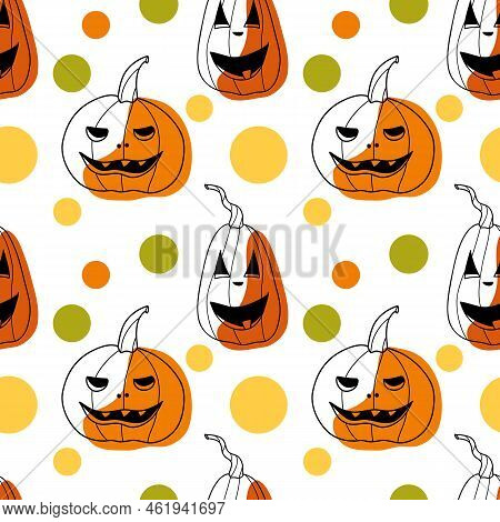 Seamless Pattern Contur And Spot Drawings, Halloween Pumkin