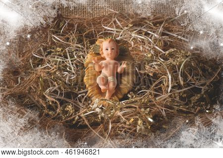 Nativity Scene. Baby Jesus Figure Isolated. Traditional Christmas Scene.
