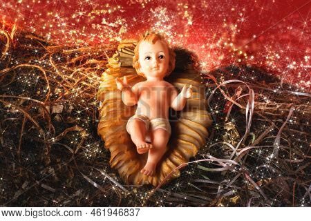 Nativity Scene. Baby Jesus Figure Isolated. Traditional Christmas Scene.