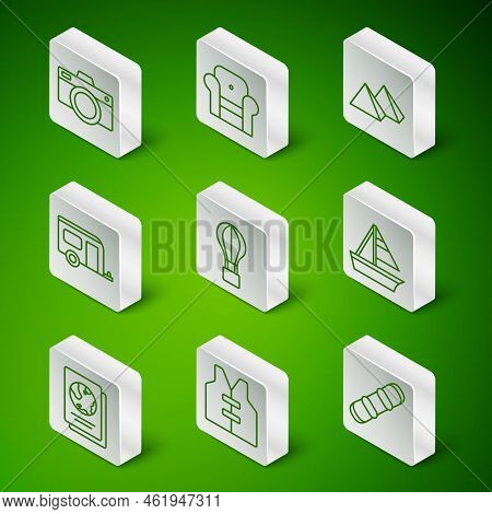 Set Line Snowboard, Life Jacket, Photo Camera, Hot Air Balloon, Rv Camping Trailer, Armchair, Passpo