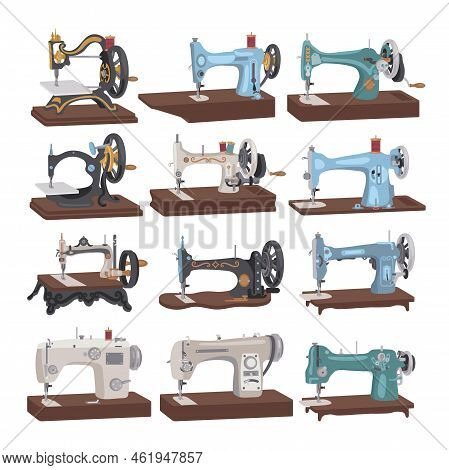 Vintage Sewing Machines Vector Illustrations Set. Collection Of Cartoon Drawings Or Designs Of Retro