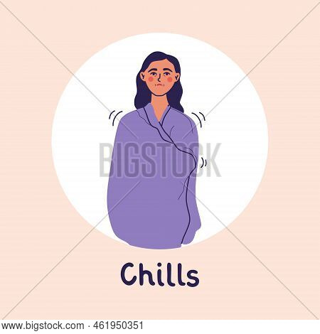 Unhappy Sick Woman Covered With Blanket, Feeling Cold, Shivering And Freezing. Female With A Chill. 