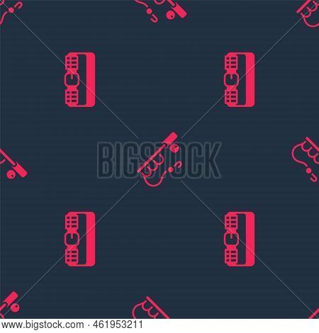 Set Hunting Cartridge Belt And Fishing Rod On Seamless Pattern. Vector