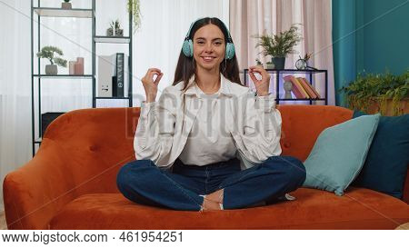 Keep Calm Down, Relax, Inner Balance. Adult Girl Breathes Deeply With Mudra Gesture, Eyes Closed Med