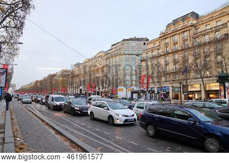 Paris, France - December 10, 2019: Traffic Congestion In At Champs-elysees Avenue In Paris, France. 